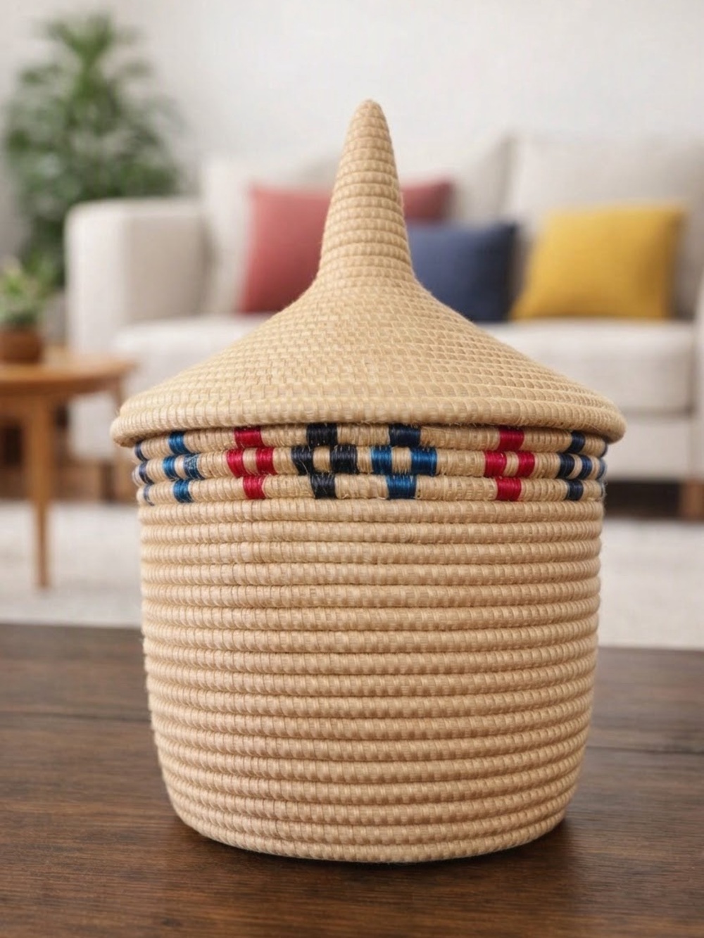 Handwoven Straw Basket with Conical Lid Boho Storage & Decorative Home Accent